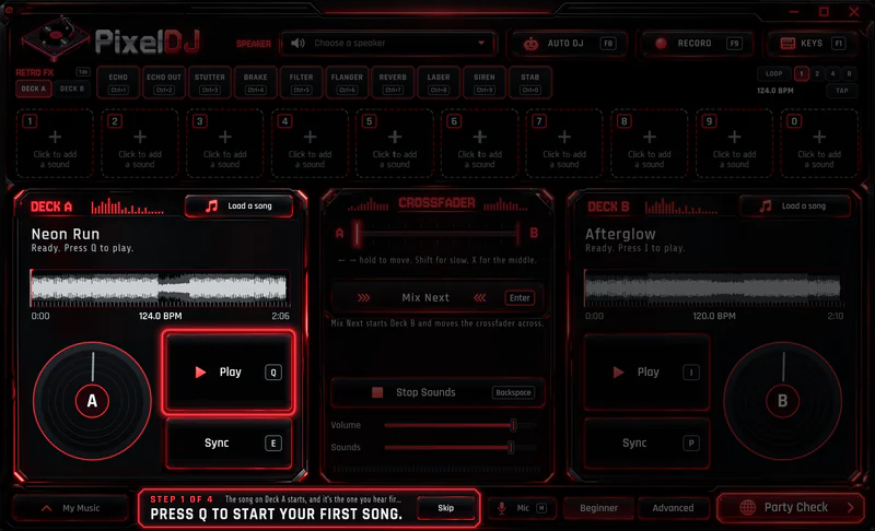 First Mix in PixelDJ, the console dimmed except the control for this step. Press Q to start your first song.