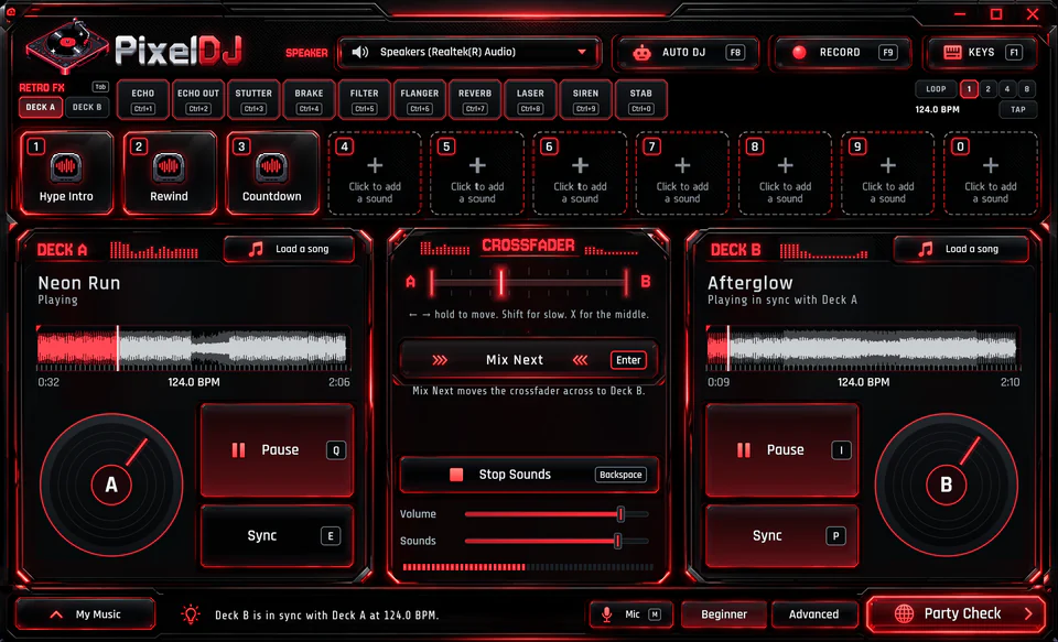 PixelDJ mixing two songs. Neon Run plays on Deck A, Afterglow plays in time with it on Deck B, and the crossfader sits between them, with the pads and Retro FX above.